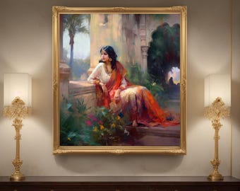Princesa india en jardín tropical / Impresión en lienzo mate estirado / Arte mural romántico exótico