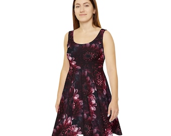Burgundy Red Chrysanthemum Print Skater Dress, Floral Women's Dress, Flowy A-Line Dress, Summer Dress, Cute Casual Dress
