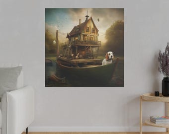 Impresión de perro genial en un bote de remos loco sobre lienzo mate estirado