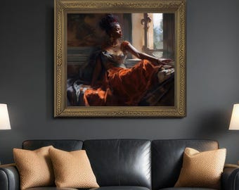 Elegant African Princess Reclining by the Window | Regal Beauty Stretched Matte Canvas Print | Cultural Grace Wall Art