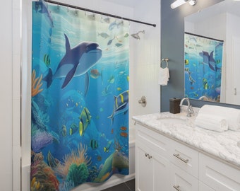 Cortina de ducha con escena submarina de dibujos animados de ballenas caprichosas / Ballena, tortuga, pez, océano