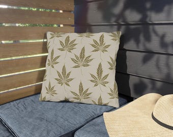 Cannabis Leaf Outdoor Pillows, Beige Leaf Pattern on Tan, Marijuana Cushions, Weed Decorative Throw Pillows, Outdoor Patio Decor