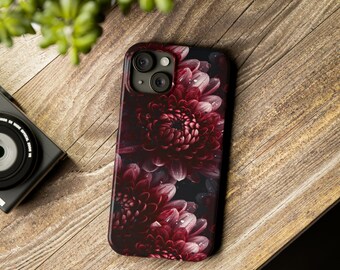 Slim Phone Case | Burgundy and Deep Red Chrysanthemum All-Over Pattern | iPhone & Samsung Galaxy