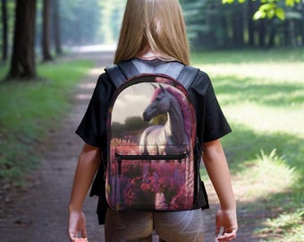Mochila de unicornio blanco y rosa en un campo de flores rosadas