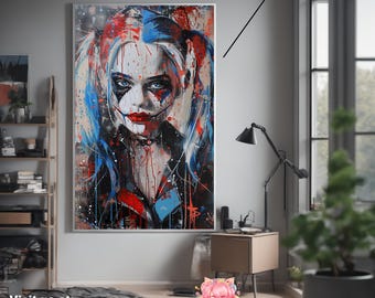Impresión en lienzo inspirada en Harley Quinn: arte pop estilo Pollock sobre lienzo mate ecológico.