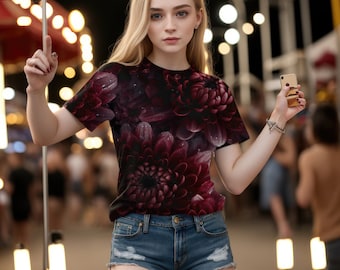 Chrysanthemum Pattern T-Shirt, Burgundy Red All-Over Print