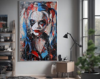 Pósteres enrollados de arte pop abstracto estilo Pollock inspirados en Harley Quinn