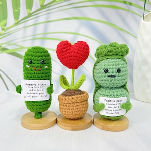 Handmade Crochet Positive Pickle Set,Positive Peas,Crochet Red Heart Pot,Positive Vegetables,Home Table Decor,Caring Gift For Her/Him