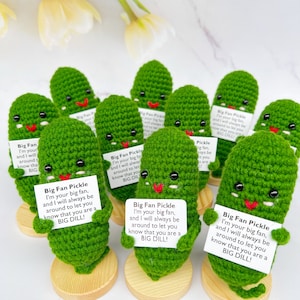 May include: A collection of handmade green crochet pickle figurines, each holding a sign that reads "Big Fan Pickle, I'm your big fan, and I will always be around to let you know that you are a BIG DILL!" The pickles have black eyes and red smiles.