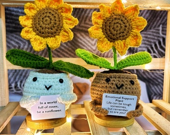Girasol de ganchillo hecho a mano con cara sonriente, conjunto de flores positivas de ganchillo, accesorios de ganchillo para manualidades, regalo de Acción de Gracias