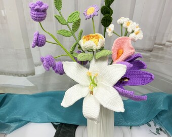 Handmade Crochet Lily Bouquet, Woven Flowers Arrangement, Summer Home Decor (Sending a Vase)