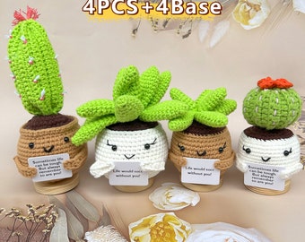 4PCS Emotional Support Plant-Crochet Succulent/Cactus Desk Decor-Life Would Succ Without You-Handmade Personalized Gift-Encouragement Gift