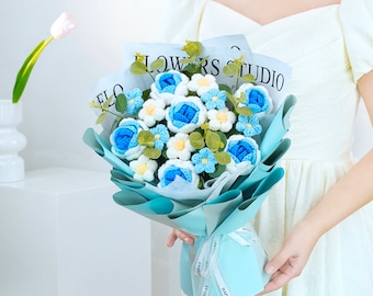 Ramo de rosas de ganchillo hecho a mano, flor tejida, regalo de ramo de ganchillo/regalo de graduación/aniversario/regalo de boda, flor eterna.