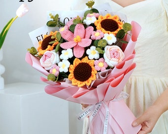 Handgehäkelte Rosen/Sonnenblumen/Gänseblümchen/Tulpen, künstliches Bouquet, Geschenk für Mutter, Hochzeitsdekoration, Brautstrauß, Geburtstagsgeschenk