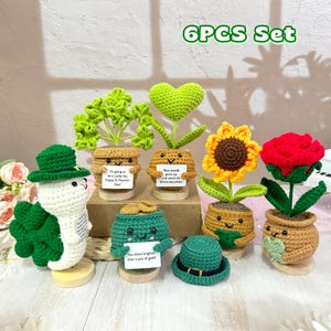 May include: Set of six crocheted amigurumi plants in pots. The plants include a shamrock, a heart, a sunflower, a rose, a pot of gold, and a leprechaun. The pots are decorated with happy faces and the plants have messages on them. The set is labelled "6PCS Set".