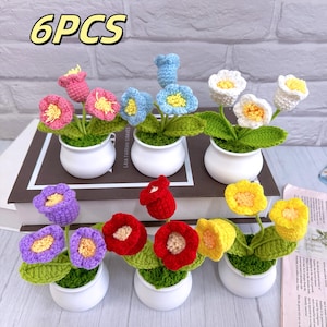 Op de afbeelding: Zes gehaakte bloemstukken in witte potten. De bloemen zijn in verschillende kleuren, waaronder roze, blauw, wit, geel, rood en paars. De bloemen zijn in een rij op een bruin oppervlak gerangschikt.
