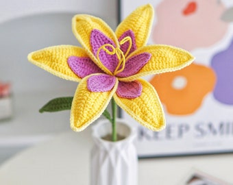 Handmade Crochet Yellow and Purple Lily Flowers,Knitted Flower Bouquet,Mother's Day/Women's Day/Anniversary/Birthday Gift,Floral Home Decor