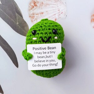 May include: A green crocheted bean plush toy holding a white card with the text "Positive Bean I may be a tiny bean, but I believe in you, Go do your thing!"