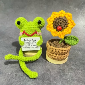 May include: A green crocheted frog holding a sign that reads "Positive Frog I may be a tiny frog, but I believe in you. Go do your thing!"  A crocheted sunflower with a red ladybug is in a brown crocheted pot.