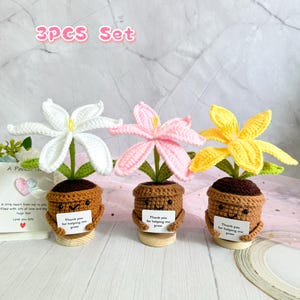 Lírio de crochê feito à mão, rosa, branco, amarelo, flores de lírio, vaso de flores de malha, presentes de agradecimento, presente de dia das mães, cartão de presente de amor