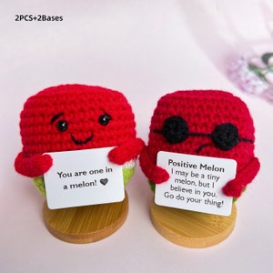 Può includere: Due peluche di anguria all'uncinetto che tengono cartelli con messaggi positivi. Il primo peluche ha un viso sorridente e dice "You are one in a melon!" Il secondo peluche indossa occhiali da sole e dice "Positive Melon I may be a tiny melon, but I believe in you. Go do your thing!"