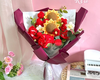 Gehaakt boeket anjer/rozen/zonnebloemen, handgemaakt kunstboeket, bloemdecor, verjaardagscadeau, jubileum