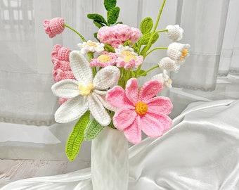 Handmade Crochet Flower Bouquet, Rose, Lily, Daisy Gift, Garden Summer Decor