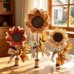 Pode incluir: Três ornamentos decorativos de girassol em carretéis de madeira. Cada flor apresenta pétalas de juta, um centro escuro e um caule adornado com um laço de tecido, bagas amarelas e folhas de outono. As flores são em tons de ferrugem, laranja e bege.