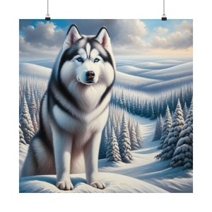 Majestic Siberian Husky Poster, Winter Snow Dog Wall Art, Pet Lovers Christmas Decor, Vertical Matte Print