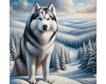 Majestic Siberian Husky Poster, Winter Snow Dog Wall Art, Pet Lovers Christmas Decor, Vertical Matte Print