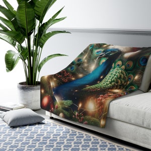 Cobertor festivo de lã sherpa de Natal pavão – elegante lance de inverno – decoração aconchegante de férias