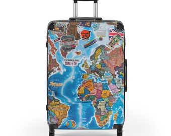 World Map Suitcase - Stylish Travel Luggage with Global Stickers Design, 360 Wheels, Lock, Adjustable Handle