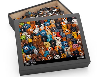 May include: A 252-piece puzzle in a black box, featuring a colorful illustration of many different dog breeds. The box is open, revealing some loose puzzle pieces. The puzzle is 11x14 inches and is for ages 9 and up.
