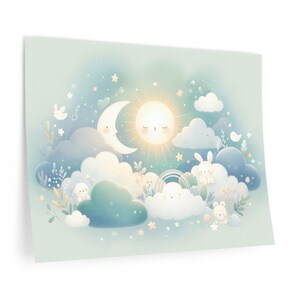 Stickers muraux fantaisie nuit pastel - Décoration animal mignon lune et ciel étoilé