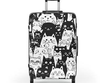 Funny Doodle Cats Suitcase - Black & White Cat Themed Luggage, Polycarbonate Hard-Shell Travel Case with 360 Wheels and Lock