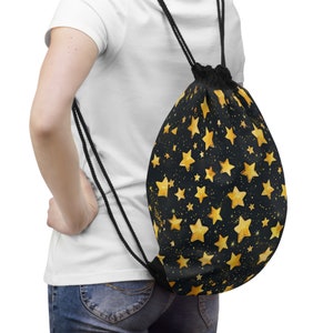 Gold Stars in Black Background Drawstring Gym Bag - Lightweight & Durable