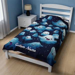 Custom Cute Kawaii Halloween Ghost Velveteen Blanket - Personalized Soft Touch Throw in 3 Sizes - Perfect Home Gift