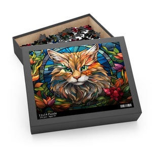 Puzzle chat en vitrail - aggloméré de haute qualité, 3 tailles, boîte prête à offrir
