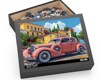 Retro Automobile & Greek Buildings Jigsaw Puzzle - High-Quality Chipboard, 3 Sizes, Family Fun Activity, Perfect Gift