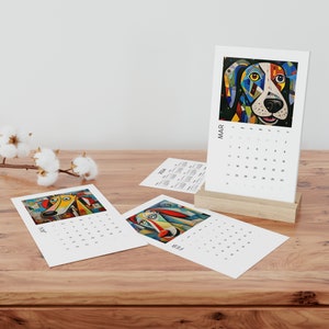 2024 Dog-Themed Picasso Style Desk Calendar with Oak Stand