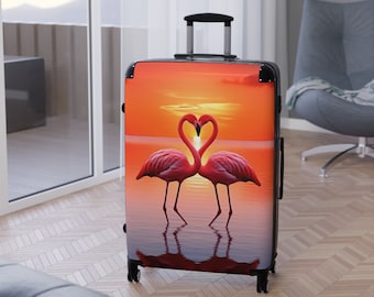 Suitcases - Flamingo Heart Sunset Design | Stylish Travel Luggage with 360 Swivel Wheels and Adjustable Handle