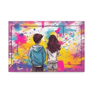 Vibrant Pop Art Boy and Girl Canvas Print: Hand-Stretched Custom Color Sketch for Art Lovers and Fans, 1.5&#39;&#39;