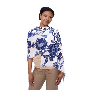 Blue & White Floral Chinoiserie Pattern Scarf - Elegant, Lightweight Polyester, 27&quot; x 73&quot; - Unique One-Sided Print Accessory