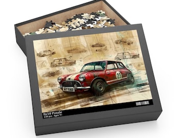 Detailed Technical Drawing Red Mini Cooper Jigsaw Puzzle - Chipboard Pieces - Gift-Ready Box - 3 Sizes Available