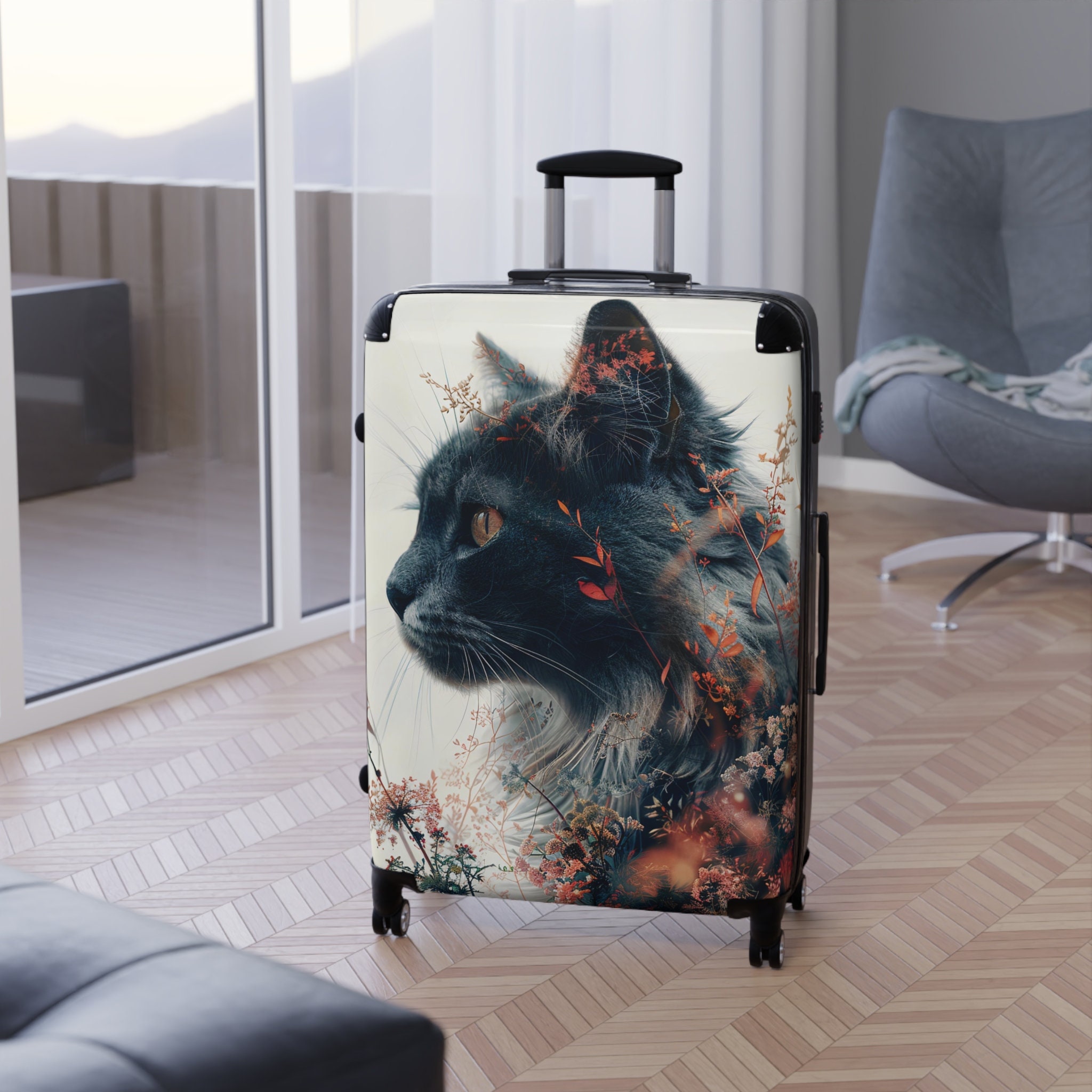 Floral Cat Face Suitcase - Distinct Whiskers Pattern, Hard-Shell Travel Luggage with 360 Swivel Wheels & Lock