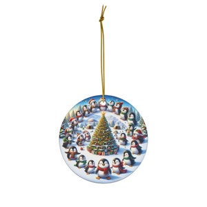 Christmas Penguins Snow Scene Ceramic Ornament - Winter Beauty Decor