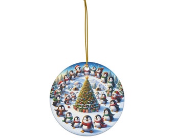 Christmas Penguins Snow Scene Ceramic Ornament - Winter Beauty Decor