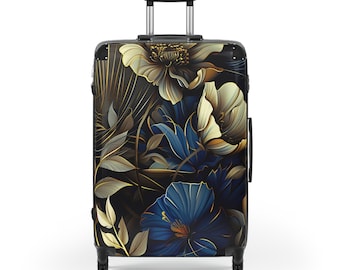 Golden & Blue Floral Suitcase – Rolling Travel Luggage with Lock