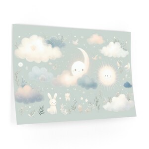 Stickers muraux fantaisie nuit pastel - Décoration animal mignon lune et ciel étoilé