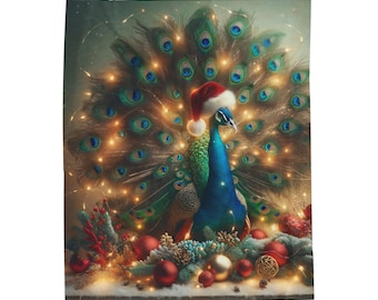 Festive Peacock Christmas Velveteen Plush Blanket - Elegant Winter Throw - Cozy Holiday Decor